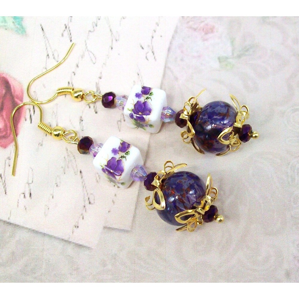 Lampwork Earrings Vintage Style. Bronze, Aubergine Purple, Artisan Crafted Jewel - Picture 7 of 10